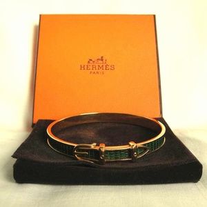 Hermès Green/Gold Lizard leather Buckle Bangle